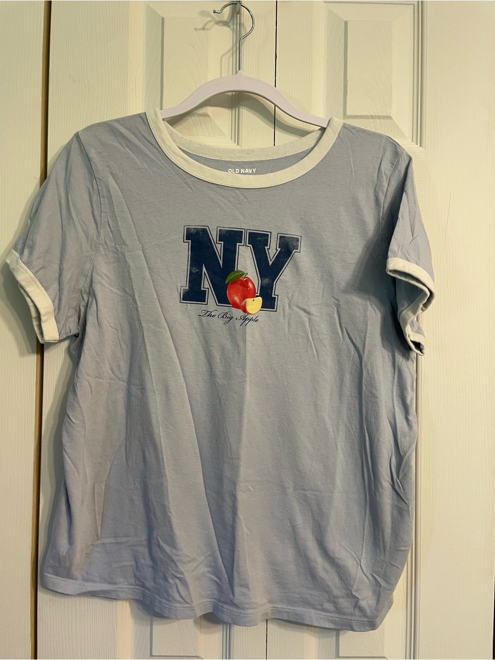 Old Navy Light Blue and White Ringer Graphic Tee